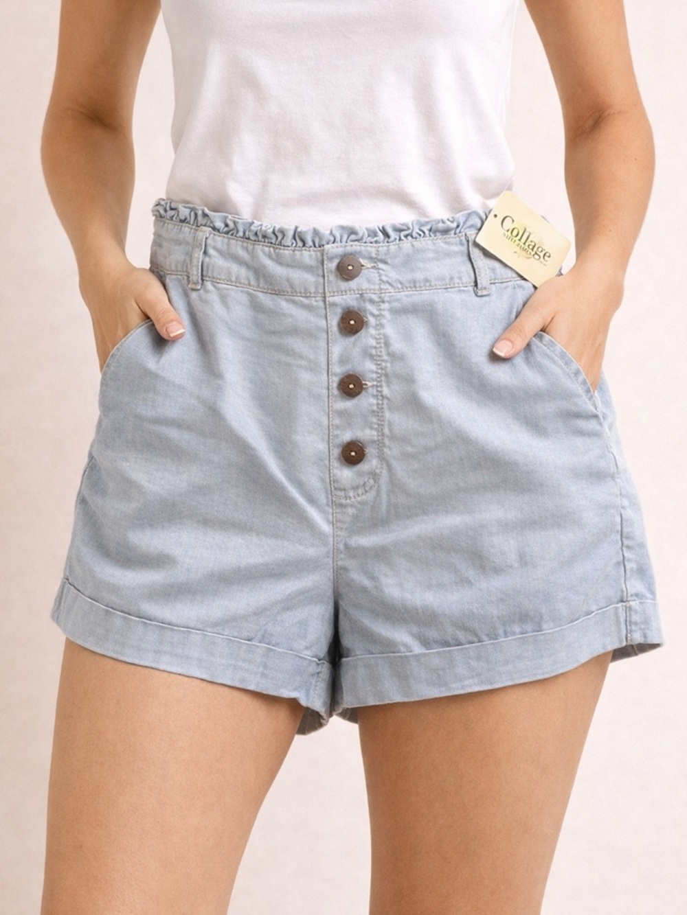 Staccato Tencel Chambray Paperbag Shorts NWT Blue Button Front S